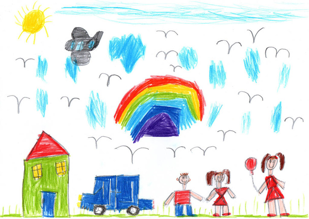 子供の図面の建物や車。散歩中の幸せな家族。都市の人々の生活。幼少期のペンシルアート - 写真・画像