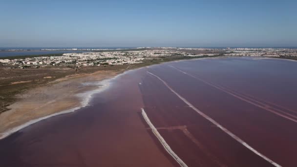 Luftaufnahme des rosafarbenen Sees von Las Salinas, Torrevieja Stadtbild und das Mittelmeer, Costa Blanca Provinz Alicante Spanien - Drohnenschuss - Filmmaterial, Video