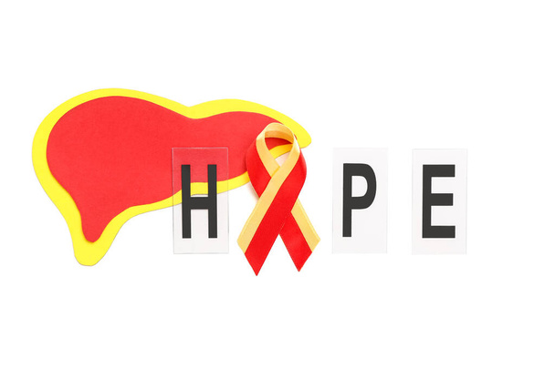 Word HOPE with awareness ribbon and paper liver on white background. Hepatitis concept - Foto, Bild