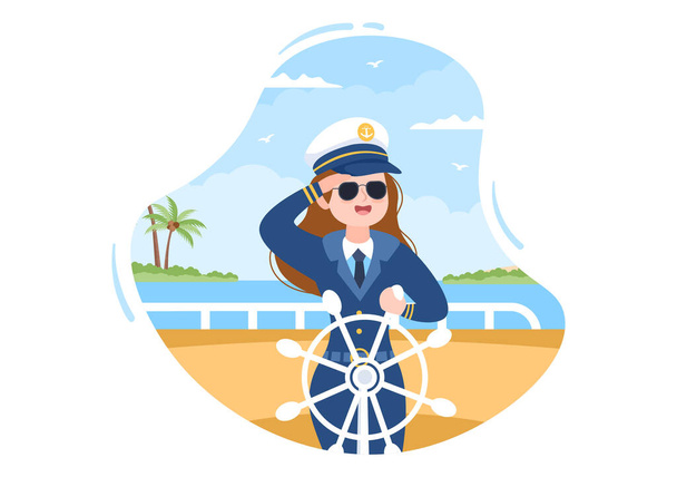 Mulher Cruzeiro Capitão Cartoon Ilustração em Sailor Uniforme Montando um Navios, Olhando com Binóculos ou em pé no porto em Flat Design - Vetor, Imagem