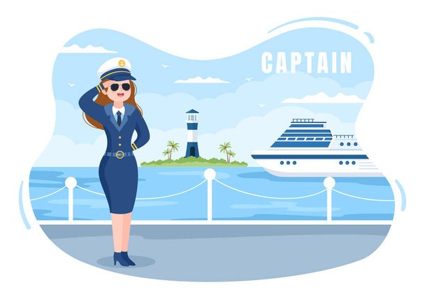 Woman Cruise Ship Captain Cartoon Illustration in Sailor Uniform Riding a Ships, Looking with Binoculars or Standing on the Harbor in Flat Design - Wektor, obraz