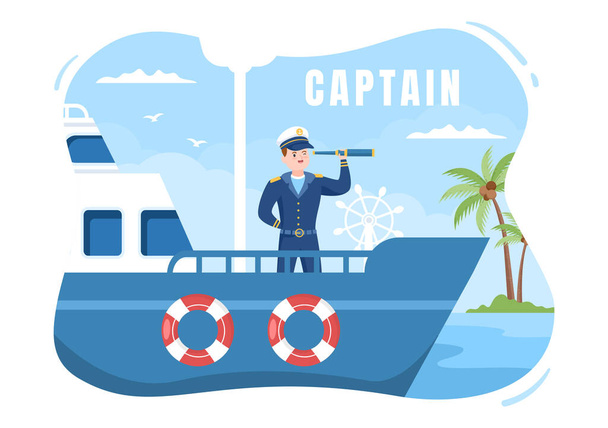 Man Cruise Ship Captain Cartoon Illustration in Sailor Uniform Riding a Ships, Looking with Binoculars or Standing on the Harbor in Flat Design - ベクター画像