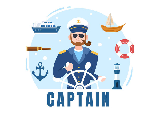 Man Cruise Ship Captain Cartoon Illustration in Sailor Uniform Riding a Ships, Προβολή με Κυάλια ή Μόνιμη στο Λιμάνι σε Επίπεδη Σχεδίαση - Διάνυσμα, εικόνα