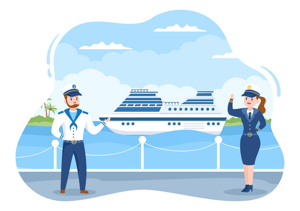 Illustration de dessin animé de capitaine de navire de croisière en uniforme de marin chevauchant un navire, regardant avec des jumelles ou debout sur le port en conception plate - Vecteur, image