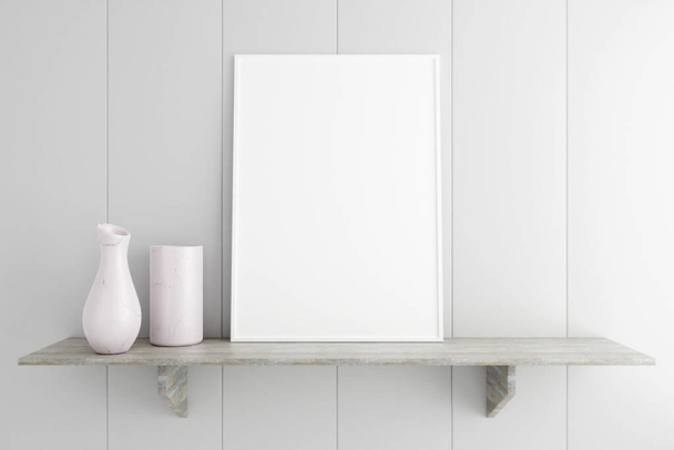 Minimalist and clean vertical white poster or photo frame mockup on the marble table in living room. 3D Rendering. - Фото, изображение