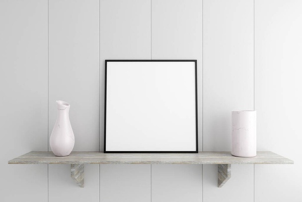 Minimalist and clean square black poster or photo frame mockup on the marble table in living room. 3D Rendering. - Фото, изображение