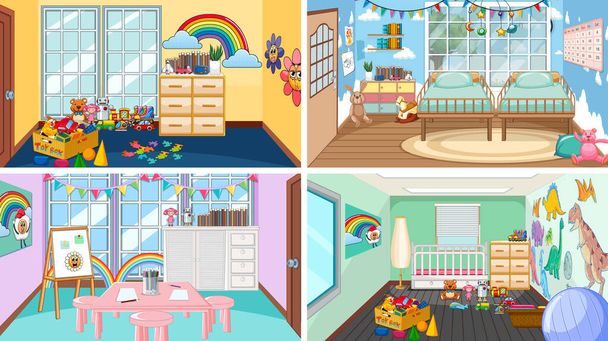 Set of different kindergarten classroom scenes illustration - Vector, Image