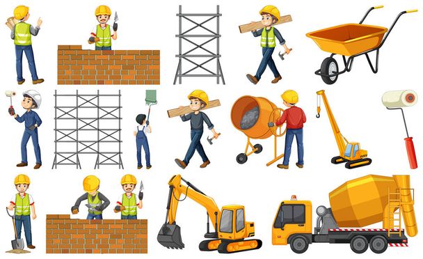 Set of construction site objects and workers illustration - Vector, Image