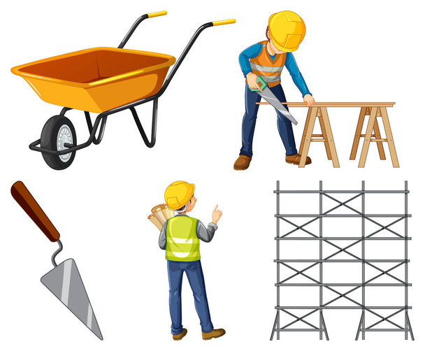 Set von Baustellen-Objekten und Arbeitern Illustration - Vektor, Bild