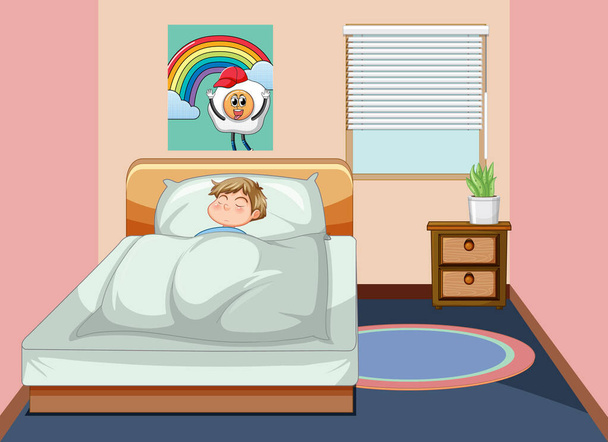 Ein schlafender Junge auf dem Bett im Schlafzimmer Illustration - Vektor, Bild