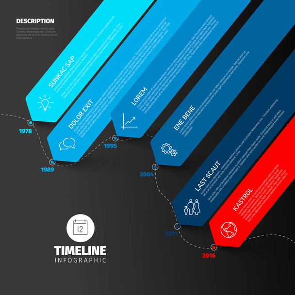 Blue and red color Infographic timeline report template with the biggest milestones, years and description - diagonal dark infochart version with long stripes - Vektor, Bild