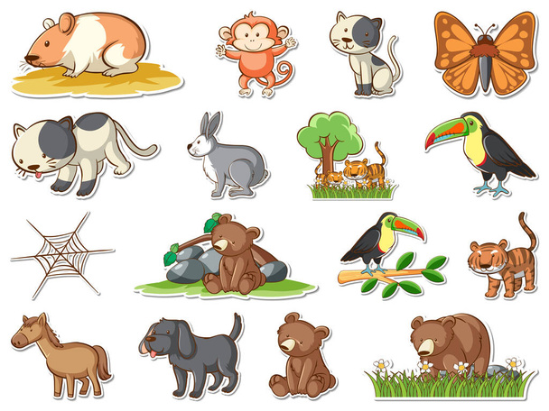 Αυτοκόλλητο σύνολο καρτούν άγρια ζώα εικονογράφηση - Διάνυσμα, εικόνα