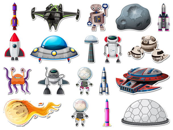 Sticker set of outer space objects and astronauts illustration - Vetor, Imagem