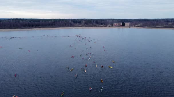 Aerial drone video of kayakers competition on a open water. Water sports. Canoe  - Séquence, vidéo