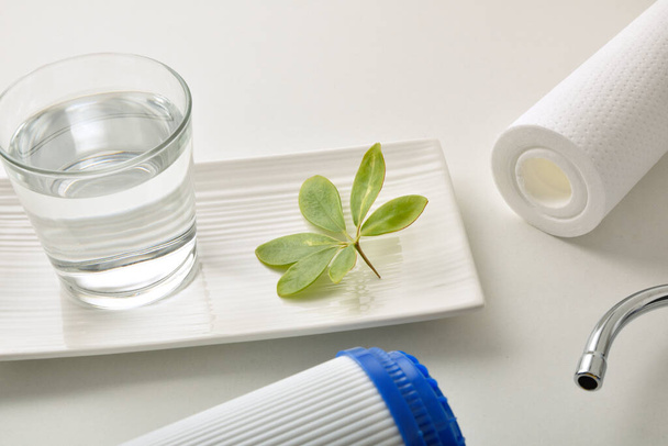 Set of domestic reverse osmosis filters and glass with purified water on a plate with green leaves on a white table. Elevated view. Horizontal composition. - Foto, Imagen