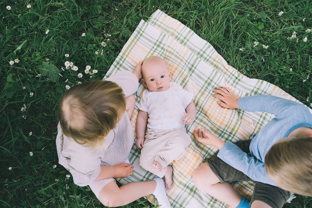 Children in nature. Preschool small kids play on green grass outdoors in summer. Siblings friendship. Holidays with family. Happy and healthy lifestyle. Minimalist style photo. - Fotoğraf, Görsel