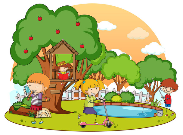 A simple tree house with kids in nature background illustration - Wektor, obraz