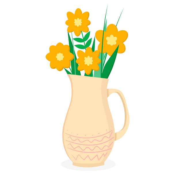 Jug with flowers and leaves in a flat style - Vektör, Görsel