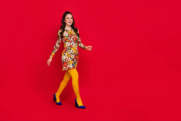 Full length body size view of attractive cheerful girl strolling copy space good mood isolated over bright red color background - Fotó, kép