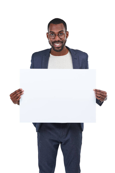 Professional branding for business. Studio shot of a young businessman holding up a blank placard against a white background. - Foto, immagini