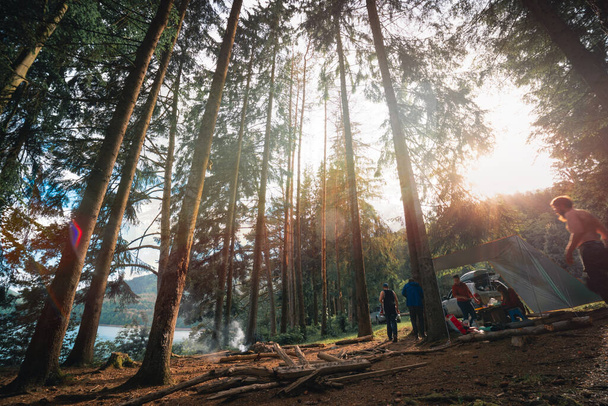 Beautiful tall spruces. Arrangement of a camp for recreation in the woods. Cars with luggage and equipment in the background, sunset. Smoke from the fire. Copy space. - Photo, Image