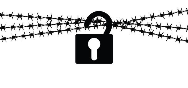 World refugee day, Cartoon patlock, lock holding barb wire. Clenched fist with barbed wire, resistance and revolution symbol concept. No more slavery. Day of abolitionism. Abolition. Illustration on the theme of dictatorship and the Holocaust. Camp.  - Vector, Image