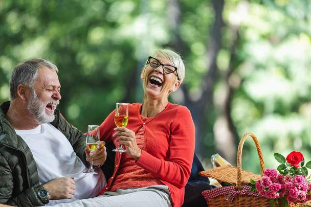 Glückliches Seniorenpaar beim Picknick im Park und beim Anstoßen. - Foto, Bild