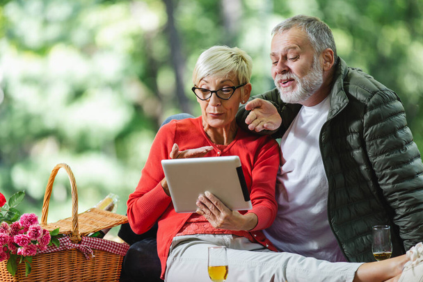 Feliz pareja de ancianos teniendo un picnic en el parque hacer videollamada usando tableta digital - Foto, Imagen