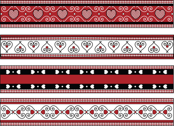 Vektor aus vier roten, schwarzen und weißen Valentin-Rändern mit karierten Zierleisten. - Vektor, Bild