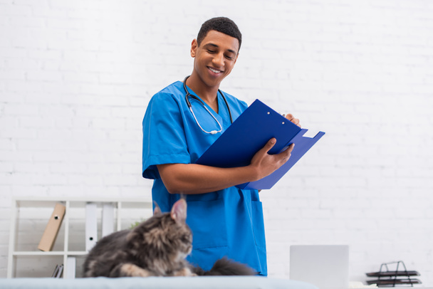 Smiling african american veterinarian writing on clipboard near blurred maine coon cat in clinic  - Foto, Imagem