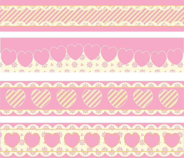 vier Vektorränder mit viktorianischen Ösenherzen und Streifen in rosa, gold & ecru. - Vektor, Bild
