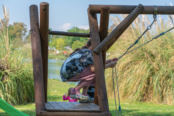 Маленька дівчинка грає на дерев'яній гойдалці на зеленому березі ставка в сонячний весняний день, фігура її молодшої сестри видно за нею, діти розважаються в природному пейзажі
 - Фото, зображення