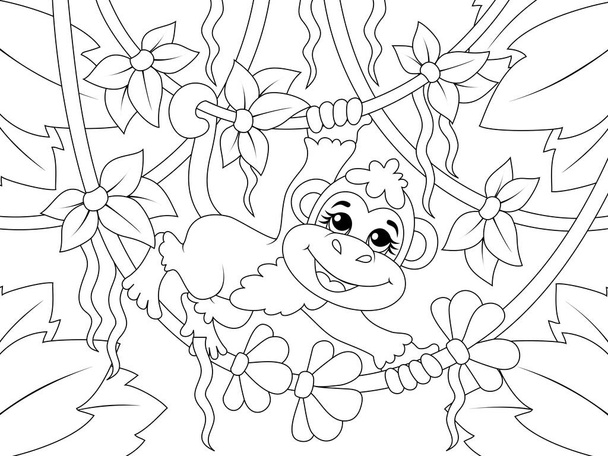 The monkey rides on liana. Wild animal in wild nature. Vector, page for printable children coloring book. - Vettoriali, immagini