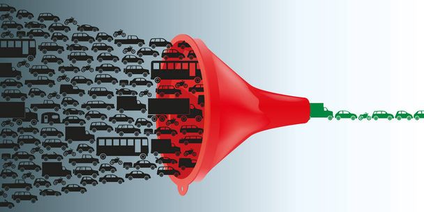 Concept of automobile pollution with road traffic which, when passing through a funnel, sees traffic jams disappear. - Vector, imagen