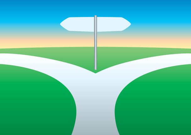 Concept van de keuze tussen twee richtingen met het symbool van een pad dat zich in twee tegenovergestelde richtingen splitst. - Vector, afbeelding
