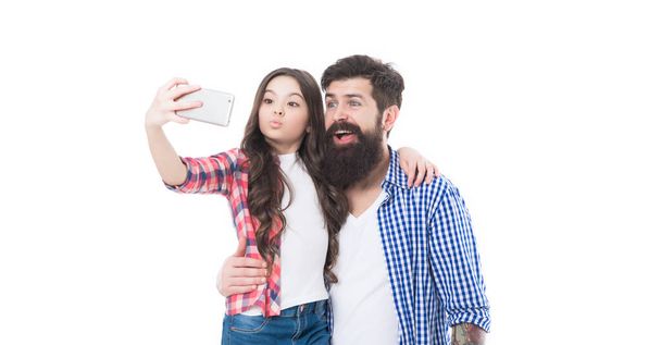 Happy family father and daughter pose for selfie camera phone isolated on white, self-portrait - Foto, Imagen