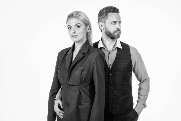 confident business couple in corporate fashion look embracing isolated on white, relationship - Zdjęcie, obraz