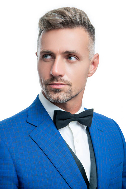 face of elegant man waiter with bow tie isolated on white background - Photo, Image