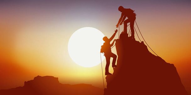 Concept of solidarity, with two mountaineers holding out their hand reaching the top of a mountain, having climbed it successfully - Vector, Imagen