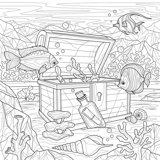 Underwater world. Chest and fish. Coloring book antistress for children and adults. Illustration isolated on white background.Zen-tangle style. Hand draw - Vetor, Imagem