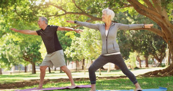 Theres no retirement plan to working out. Full length shot of a happy senior couple doing yoga together at the park. - 写真・画像