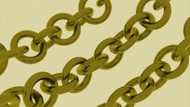 Trzy rzędy metalowych złotych łańcuchów poruszających się na beżowym tle. Projektowanie. Przenoszenie łańcuchów 3 d, płynna pętla. - Materiał filmowy, wideo