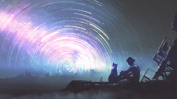 Mann und sein Haustier im futuristischen Anzug, der den Sternenpfad am Himmel betrachtet, digitale Kunst, Illustrationsmalerei - Foto, Bild