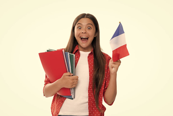 meghökkent gyerek tart francia zászló és iskolai copybook a tanulás elszigetelt fehér, külföldön tanulni - Fotó, kép
