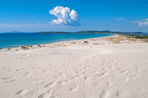 Μεγάλος αμμόλοφος στην παραλία κοντά στην πόλη Πόρτο Πίνο στο νησί της Σαρδηνίας - Φωτογραφία, εικόνα