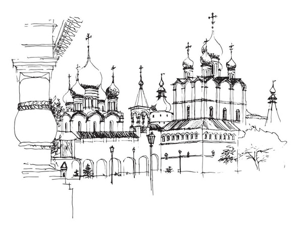 Vector traced black and white ink and pen hand drawn landscape with architectural ensemble of the Rostov Kremlin, Russia  - Vector, Image