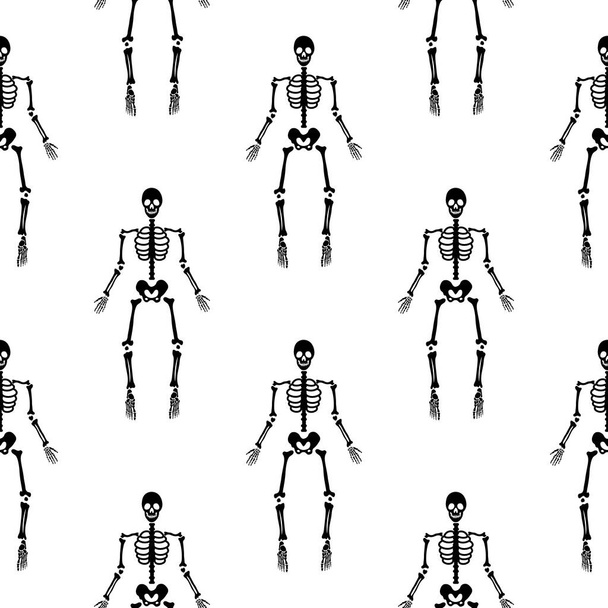 Black skeletons in various poses pattern. Halloween design. Perfect for fall, holidays, fabric, textile. Seamless repeat swatch. - Vector, Image