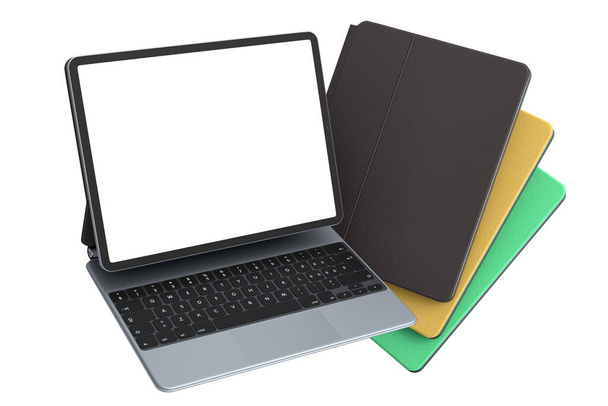 Set of computer tablets with keyboard and blank screen isolated on white background. 3D rendering concept of creative designer equipment and compact workspace - Photo, image