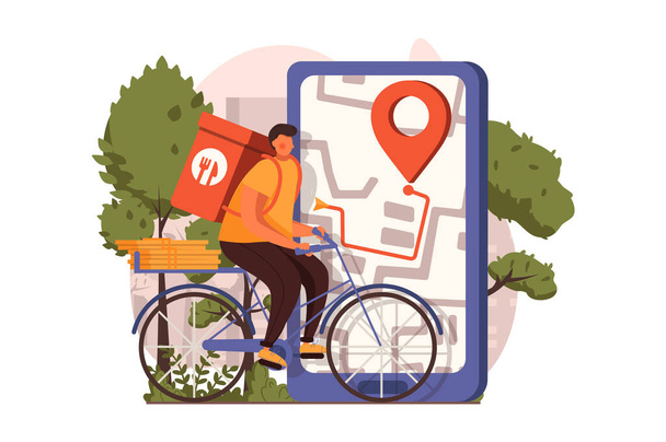 Food delivery web concept in flat design. Courier rides bicycle and delivers bag of groceries from store and order of food. Fast shipping and tracking in app. Vector illustration with people scene - Vector, imagen
