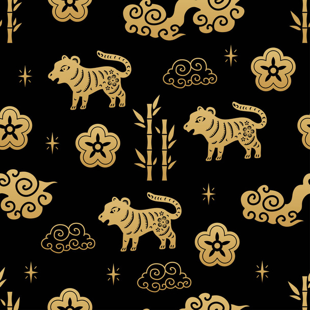 Chinês tradicional signos do zodíaco tigre sem costura padrão. Ornamento oriental - Vetor, Imagem